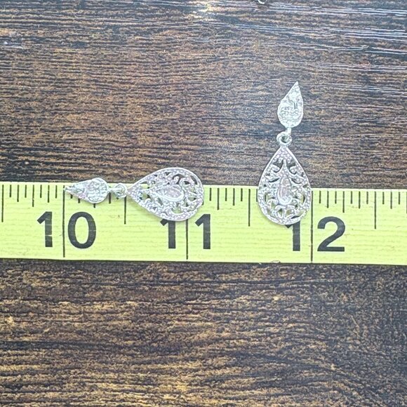 VTG Sterling Silver 925 Filigree Scroll Design Dangle Earrings Size 1" Length - Picture 7 of 8